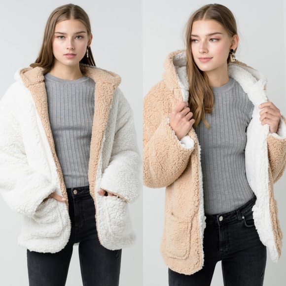 🆕 Ivory Cream Reversible Hooded Teddy Jacket - Picture 3 of 8